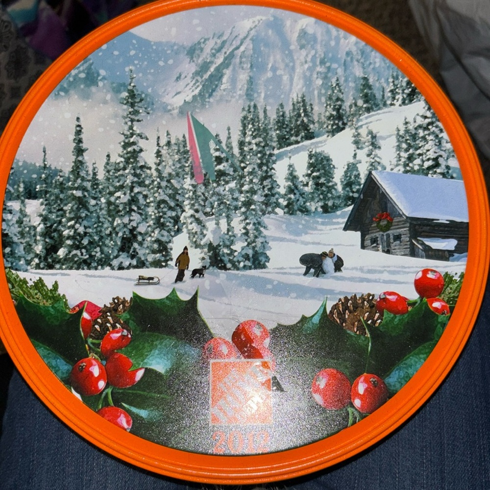 The Home Depot Collectable Christmas Cookie Tin 2012 “Winter Family Fun”